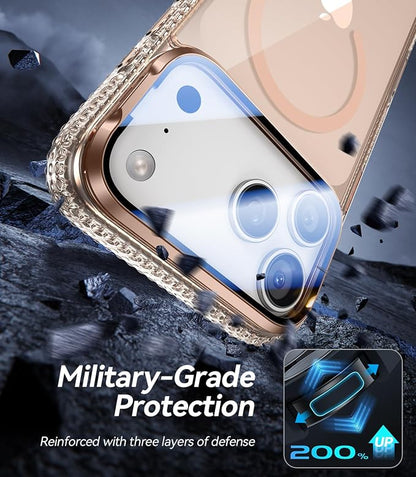 [Upgraded Full Camera Protection] for iPhone 17 Pro Case with Camera Cover Stand [Fit for MagSafe][10FT Mil-Grade Protection] Transparent Magnetic iPhone 17 Pro Phone Case, Clear Gold