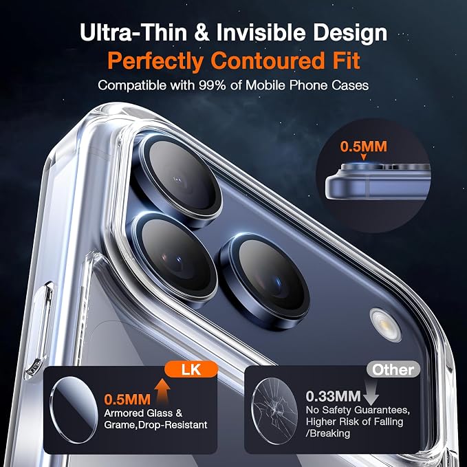 LK for iPhone 17 Pro/17 Pro Max Camera Lens Protector [Top 9H+ Military Grade Shatterproof] One-Click Installation, Ultra-Tough HD, Individual Lens Protectors Scratch-resistant, Deep Blue