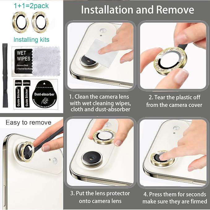 Compatible for iPhone Air Camera Lens Protector Bling, Cute Sparkle Glitter Camera Cover for Women, Individual Ring, Anti-Scratch 2 Pack Protectors for 17 Air (1 Rugular Use + 1 Extra), Light Gold