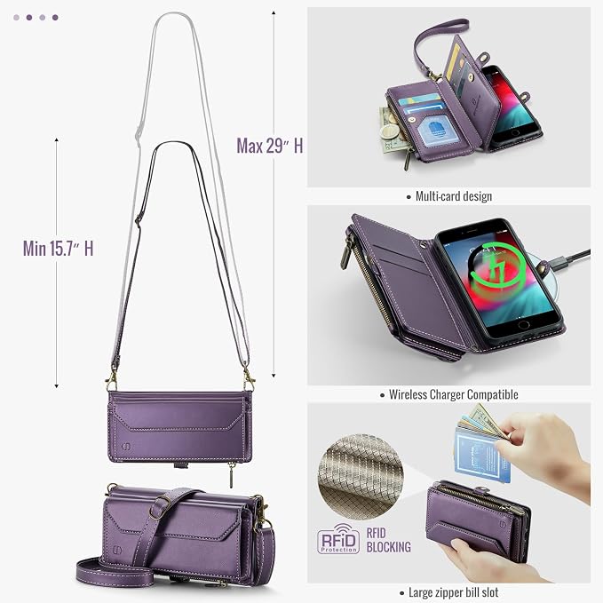 Strapurs Crossbody Wallet Case Compatible with iPhone SE/7/8 RFID Blocking 7-Card Holder Soft PU Leather Magnetic Snap Shoulder Strap Zipper Pocket Phone Cases Fit for iPhone SE 2020 2022 - Purple