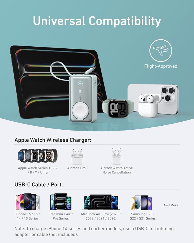 Anker MagGo Power Bank for Apple Watch, Officially Certified 10,000mAh Compact Battery Pack with Built-in USB-C Cable, 35W Max, for iPhone 15 Series, Samsung, iPad, AirPods, and More(Green)