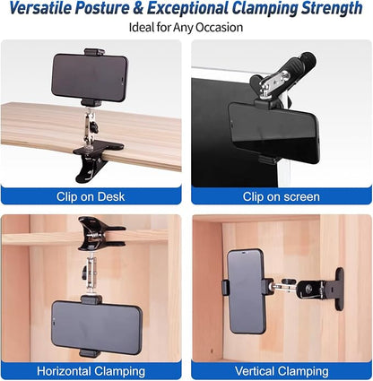 ROCKFREE Clip Phone Holder for Desk,Table,Desktop Baffle,Flat Surface, Pipe,Pole,Music Stand,with Strong Clamp 360°Adjustable Metal Arm Cell Phone Mount, Compatible with All 4-7” Smartphone