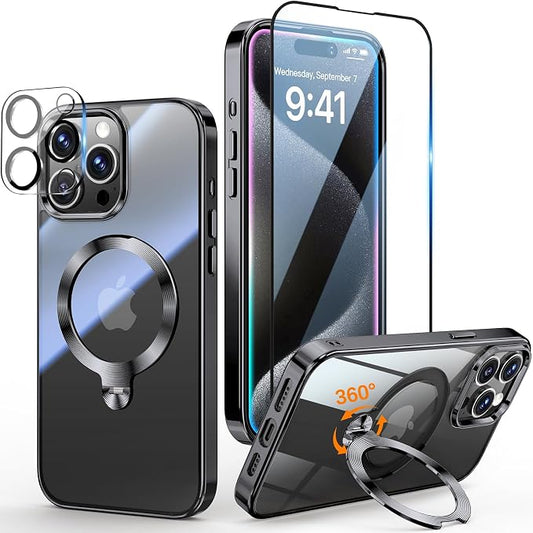 [Tri-Shield Protection] for iPhone 15 Pro Case with 360° Spin Stand Compatible with MagSafe [Magnetic CD Ring] [Screen & Camera Lens Protector] Shockproof Plating Never-Yellowing, Black-6.1"