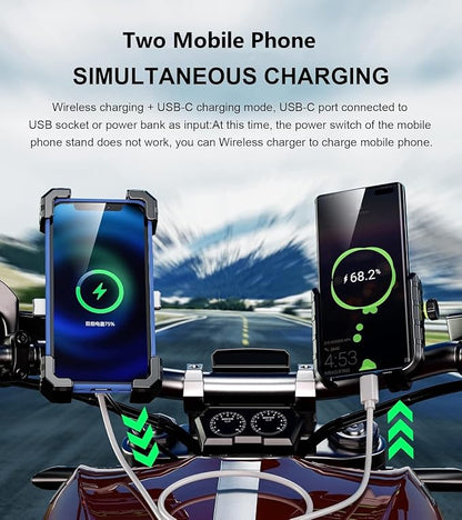 Kewig Motorcycle Phone Mount with Qi 15W Wireless Charger & USB C 20W Fast Charging Port, One-Push Automatically Lock & Quick Release Handlebar Phone Holder for 4.0-6.9" Phone