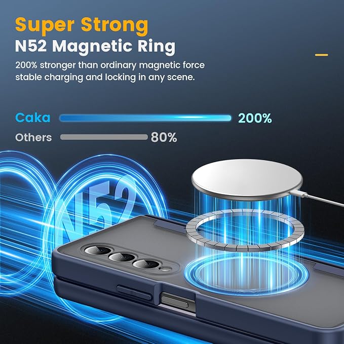 Caka Magnetic for Samsung Galaxy Z Fold 4 Case with Hinge Protection Blue | Compatible with MagSafe, Built-in Outer Screen Protector, Hinge Guard, Translucent Matte Back, 360° Hybrid Drop Defense