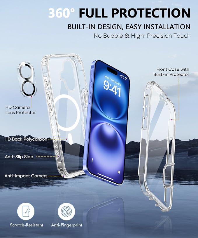 Compatible with iPhone 16 Plus Case Clear, Built-in Screen Protector, with Camera Lens Protector, [Compatible with MagSafe] Full Body Phone Case, Protective Cover for 16Plus 6.7" (Clear)