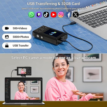 Digital Camera, 4K 44MP Autofocus Point and Shoot Camera with 16X Zoom 2.4" LCD Portable Compact Camera for Kids Teens Boys Girls Adults