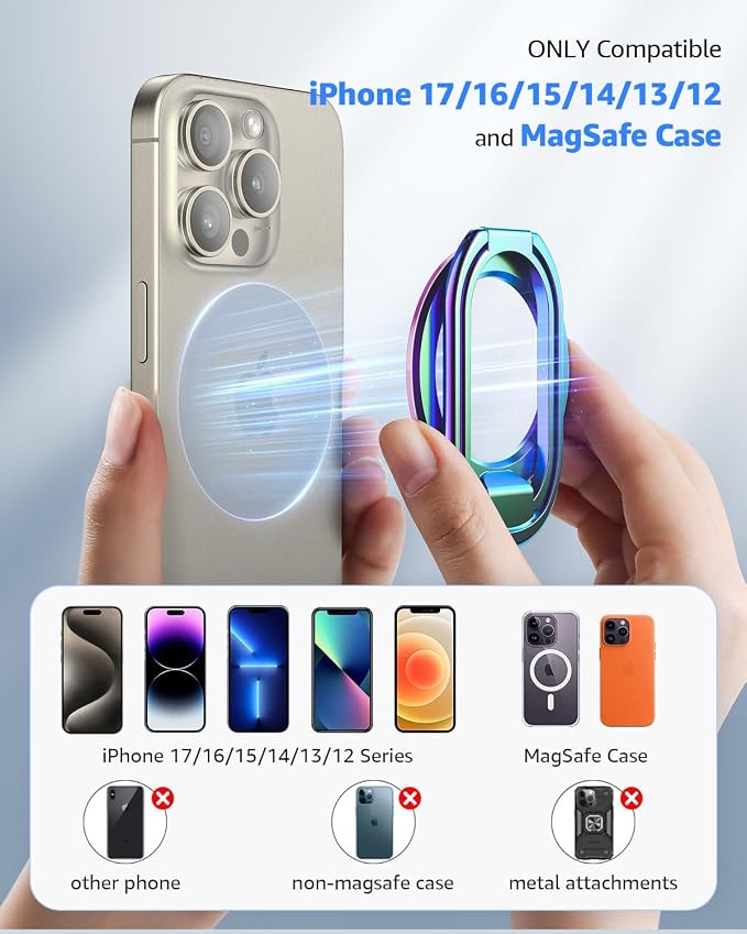 SUPERONE [2025 Upgraded] Mag Safe Phone Ring Holder, Adjustable Magnetic Kickstand & Removable Phone Grip Compatible with Wireless Charging Only for iPhone 17 & 16 & 15 & 14 & 13 Series (Colorful)