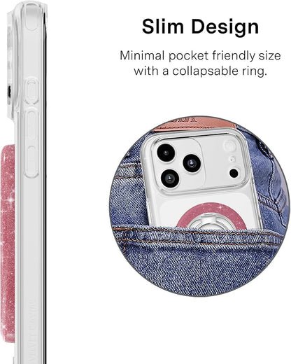VELVET CAVIAR Compatible with MagSafe Phone Grip 2.0 | Cute Magnetic Ring Holder | Finger Loop Kickstand | Pop On Accessory for iPhone 17, 16, 15, 14, 13, 12 | Pink Stardust Glitter