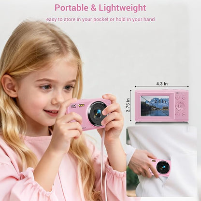 Digital Camera, 4K 44MP Autofocus Point and Shoot Camera with 16X Zoom 2.4" LCD Portable Compact Camera for Kids Teens Boys Girls Adults (Pink)