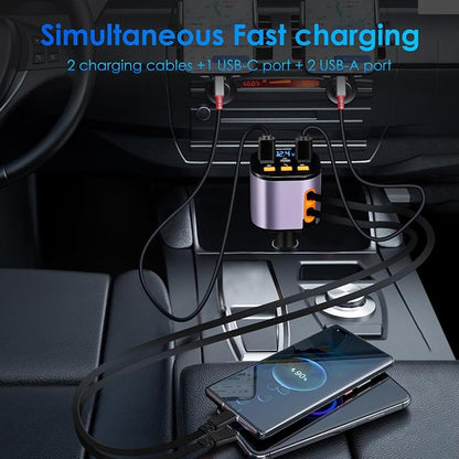 Retractable Car Charger,5 in 1 Fast Cars Phone Charger 90W,Bluetooth 5.3 FM Transmitter Adapter,Handsfree Call,2 Retractable Cables and USB Chargers for iPhone17/ 16/15/14/13/Samsung