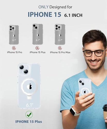 for iPhone 15 Case, with Screen Protector + Camera Lens Protector, Built-in Seamless Stand, [Compatible with MagSafe] Protective Shockproof Phone Case, Cover for iPhone 15 - Clear