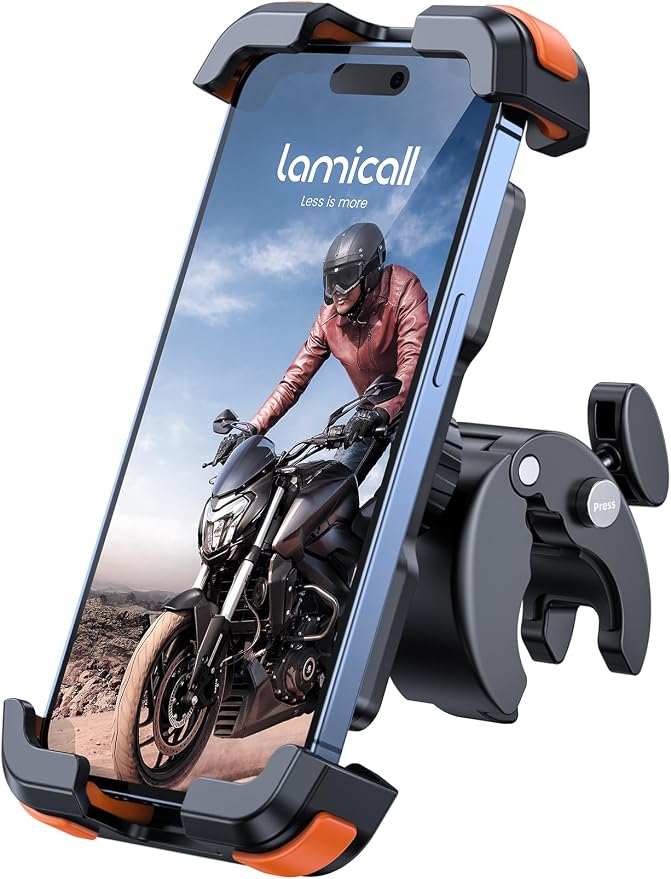 Lamicall Motorcycle Phone Mount, Bike Phone Holder - Upgrade Quick Install Handlebar Clip for Bicycle Scooter, Cell Phone Clamp for iPhone Air, 17 16 15 Pro Max, Galaxy, 4.7-6.8" Phones, Orange