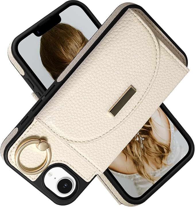 Keallce Wallet Case for iPhone 17e/iPhone 16e, Flip Case with Card Slots, Ring Holder Kickstand, PU Leather Protective Folio Cover for Women, Beige