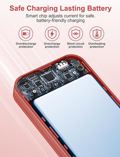 Portable Charger Power Bank, 10000mAh PD20W USB C Fast Charging with Built-in Cables & Wall Plug, 5-in-1 Battery Pack with LED Display, Ultimate Travel Essential for iPhone, iPad, Samsung Red