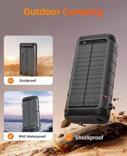 Solar Portable Charger Power Bank 59800mAh, Outdoor Waterproof Battery Pack, 3 Built in Cables & Hand Crank, 6 Outputs, 15W Wireless Charging, Emergency LED Flashlight for Camping Hiking Travel