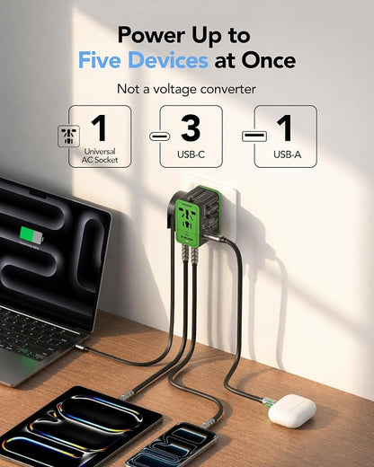 MFish 75W Universal Travel Adapter, 5-Port International Power Adapter with Retractable USB-C Cable, 3 USB-C & 1 USB-A + AC Outlet, Worldwide Wall Charger for MacBook, iPhone, iPad, EU/UK/US/AUS Black