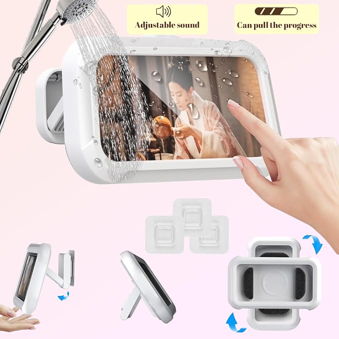 360° Rotatable Retractable Adjustable Shower Phone Case Holder,Anti-fog HD & sensitive screen ,Wall Mounted Phone Holder for Bathroom Mirror Bathtub Kitchen,Shower Accessories for 4-7" Phones (white)