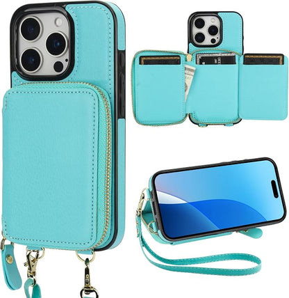 Bocasal RFID Blocking Wallet Case for iPhone 16 Pro, Adjustable Crossbody Zipper Purse Case Card Holder with Kickstand Detachable Wrist Strap, PU Leather Flip Folio Case 6.3 Inch 5G (Mint Green)