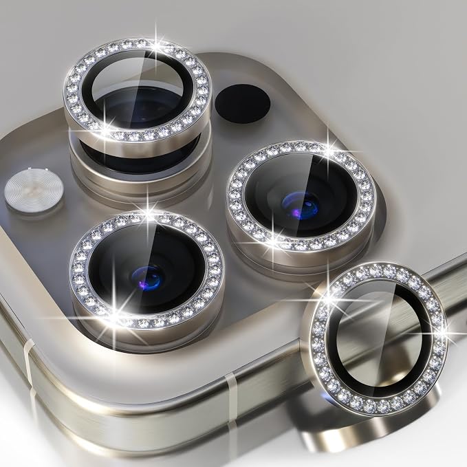 Choiche Compatible for iPhone 15 Pro/iPhone 15 Pro Max Camera Lens Protector Bling, 9H Tempered Glass Camera Cover Screen Protector Metal Ring Decoration Accessories (Diamond-Titanium Gray)