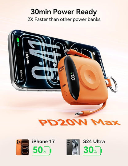 Portable Charger Power Bank, 10000mAh Fast Charging Power Bank with Built-in Cables, Travel Keychain Battery Pack with LED Display for iPhone Samsung Android iPad iWatch Charger 11/10/9/8/Ultra,Orange