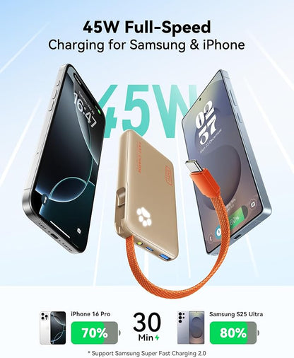 INIU 45W Power Bank, Fast Charging Portable Charger with Built-in USB C Cable, 10000mAh Small Type C Powerbank, Battery Pack for iPhone 17 16 15 14, iPad, Samsung S25 S24 etc Travel Camping, Beige
