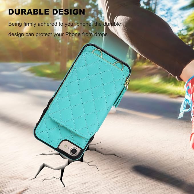 Bocasal Crossbody Wallet Case for iPhone SE 2022/SE 2020/8/7, RFID Blocking PU Leather Zipper Handbag Purse Flip Cover, Kickstand Folio Case Card Slots Holder Wrist Strap Lanyard 4.7 Inch (Mint Green)