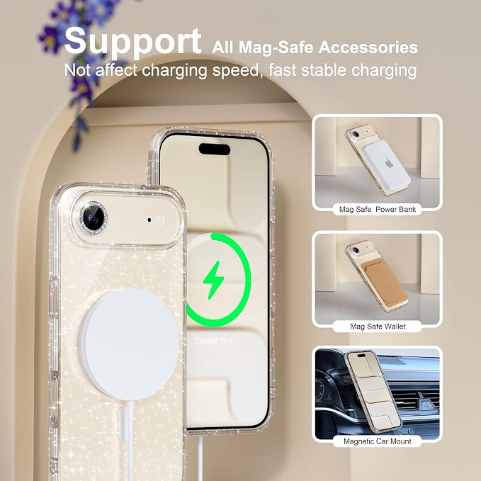 Choiche Magnetic for iPhone 17 Air Case Compatible with MagSafe, Women Cute Glitter Sparkly Phone Case with Diamond Camera Lens Protectors, Military-Grade Drop Protection 6.5" (Clear)