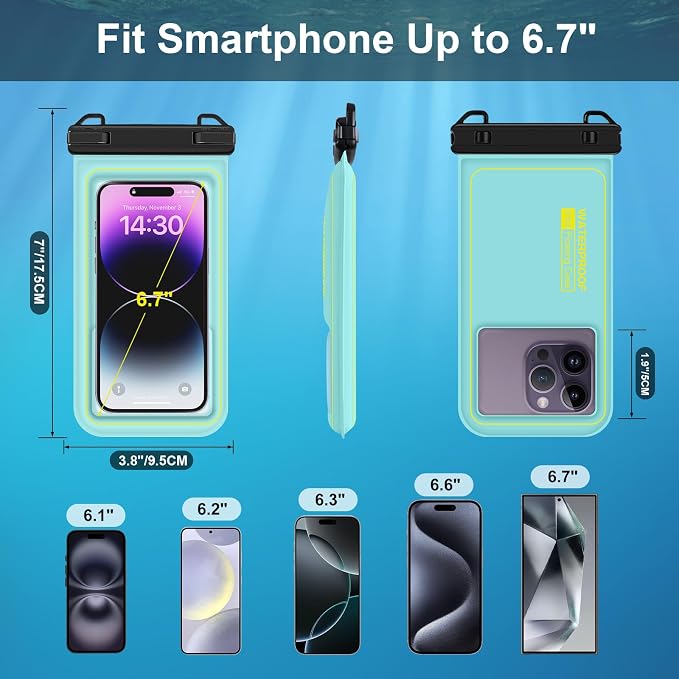 Floating Waterproof Phone Pouch, Water Proof Cell Phone Dry Bag with Adjustable Lanyard, IP68 Waterproof Phone Case for iPhone 16 Pro 15 14 13 Pro Max Samsung Galaxy Google, Up to 6.7'' Green
