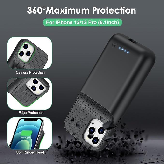 Battery Case for iPhone 12/12 Pro,[2025 Upgraded] 10800mAh Ultra-Slim Portable Extended Charger Case Cover for iPhone 12/12 Pro Charging Case (6.1 Inch)-Black