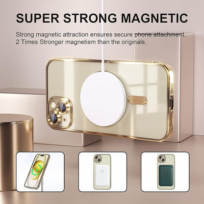 Misea Magnetic for iPhone 15 Case Compatible with MagSafe [Never Yellowing] [Military Grade Drop Protection] Full Camera Lens Protector Plating Soft Clear Phone Case for Women, Gold