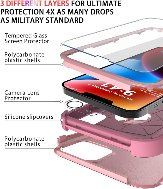 Diverbox for iPhone 14 Case [Shockproof] [Dropproof] [Tempered Glass Screen + Camera Lens Protector],Heavy Duty Protection Phone Case Cover for Apple iPhone 14 (Pink)
