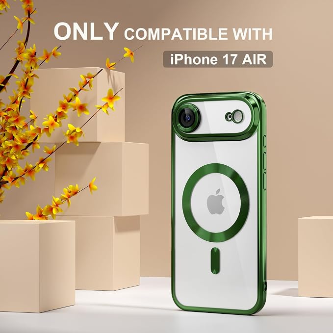 Misea Magnetic for iPhone 17 Air Case Compatible with MagSafe [Never Yellowing] [Military Grade Drop Protection] Full Camera Lens Protector Plating Soft Clear Phone Case for Women, Green