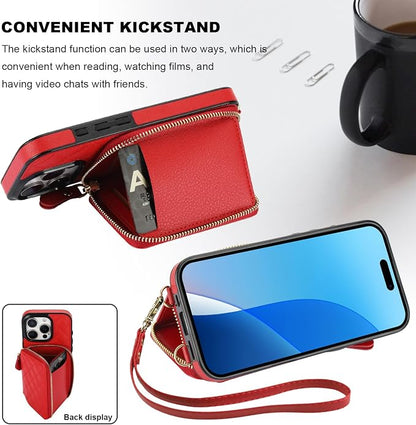 Bocasal Crossbody Wallet Case for iPhone 16 Pro, RFID Blocking PU Leather Zipper Handbag Purse Flip Cover, Kickstand Folio Case with Card Slots Holder Wrist Strap Lanyard 5G 6.3 Inch (Red)