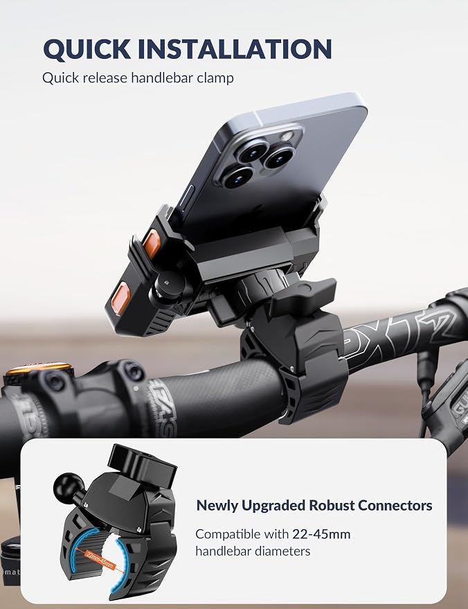 Bike Phone Mount for Electric, Mountain, Scooter, and Dirt Bikes [Camera Friendly] [1s Lock] Universal 360° Bicycle Handlebar Holder for iPhone 15/14/13 Samsung S23/S22 4.5-7" Smartphone (Orange)