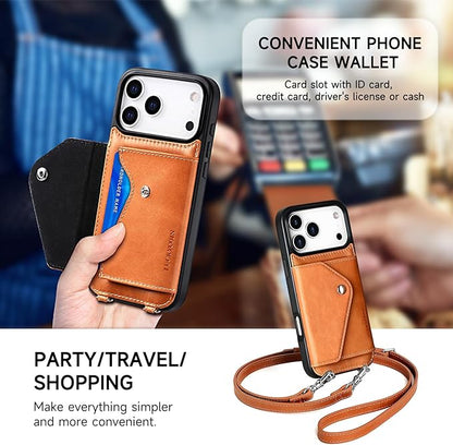 LUCKYCOIN for iPhone 17 Pro Max Crossbody Wallet Case – Genuine Leather Phone Purse with Adjustable Strap and Card Holder,Lanyard Phone Purse Case for Women,Vintage Brown