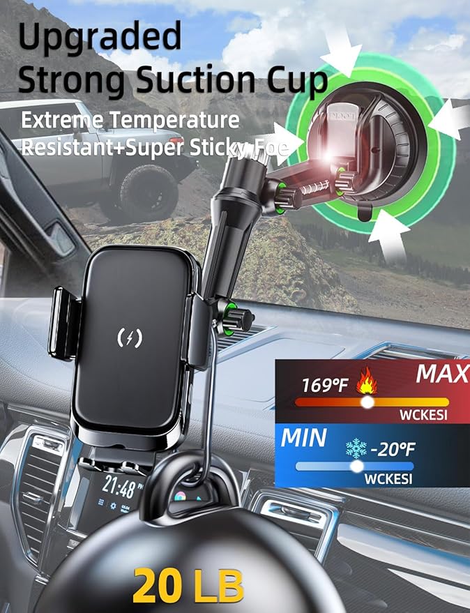Wireless car Charger Truck Phone Mount Holder, [10-inch Long arm] 15W Fast Charging Pickup Heavy Duty Trucks Vacuum Phone Holders Large SUV Windshield Dashboard, for iPhone Samsung LG