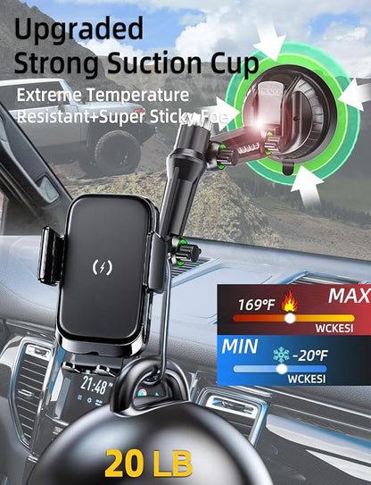 Wireless car Charger Truck Phone Mount Holder, [10-inch Long arm] 15W Fast Charging Pickup Heavy Duty Trucks Vacuum Phone Holders Large SUV Windshield Dashboard, for iPhone Samsung LG