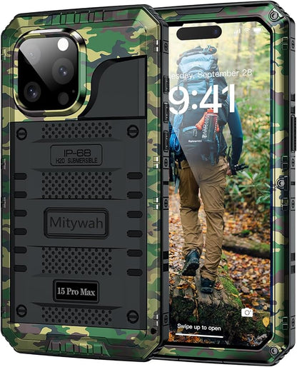 Mitywah Wateproof Case for iPhone 15 Pro Max, Military Grade Shockproof Cover for Outdoor Hiking and Climbing, Heavy Duty Metal Full Body Phone Case with Built-in Screen Protector, 6.7", Camouflage