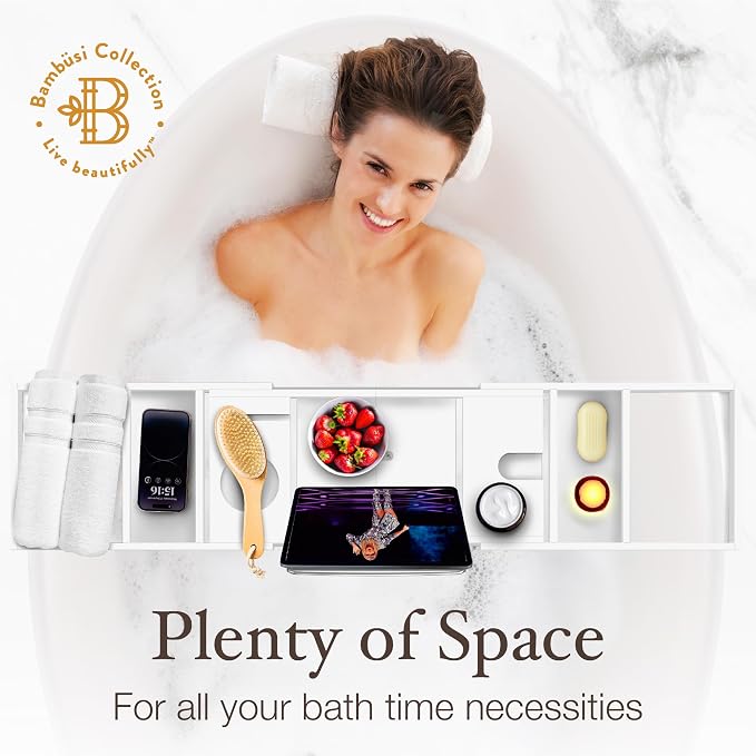 Wooden Bathtub Tray - Foldable & Expandable Bamboo Bath Tray for Tub with Wine Holder, Book & Tablet Stand - Bath Caddy Tray for Bathtub, Spa Bath Accessories, Tub Tray Table, Gifts for Her (White)