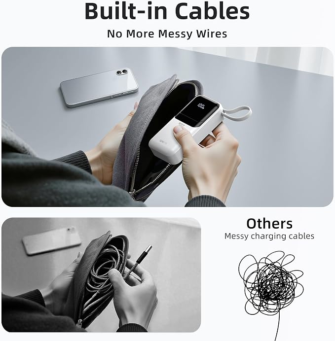 Portable Charger Power Bank Fast Charging,10,000mAh Battery Pack with Built in USB C & Lightning Cable,PD 30W Output for iPhone 17/16/15 Series,LED Display,4 Outputs for Samsung,Android etc