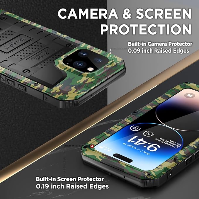 Beasyjoy Waterproof Case for iPhone 14 Pro, Metal Full Body Sealed Phone Case with Built-in Screen Protector, Military Grade Heavy Duty Defender Armor Shockproof Rugged Case 6.1 Inch, Camo