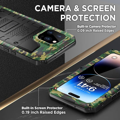 Beasyjoy Waterproof Case for iPhone 14 Pro, Metal Full Body Sealed Phone Case with Built-in Screen Protector, Military Grade Heavy Duty Defender Armor Shockproof Rugged Case 6.1 Inch, Camo