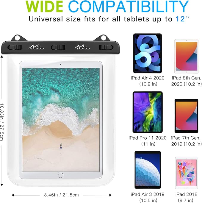 MoKo Waterproof Tablet Case, Tablet Pouch Dry Bag Compatible with iPad 10th, iPad 9/9.7/10.2, iPad mini 6/5/4/3, iPad Air 5/4, Air 3 10.5, iPad Pro 11 2022, Galaxy Tab S6/S7, Tab A 9.7, Up to 12 inch
