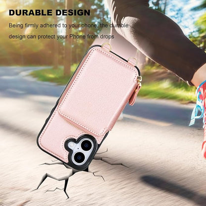 Bocasal RFID Blocking Wallet Case for iPhone 17, Adjustable Crossbody Zipper Purse Case Card Holder with Kickstand Detachable Wrist Strap, PU Leather Flip Folio Case 6.3 Inch 5G (Rose Gold)