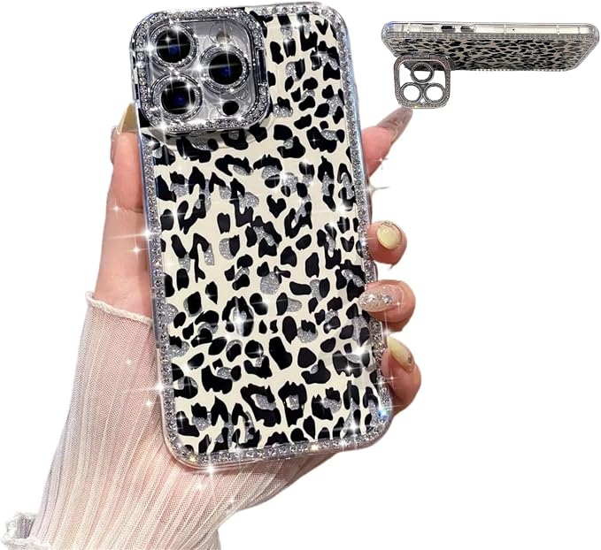 for iPhone 16 pro max Case Glitter Camera Lens Protector Phone Case for Women Girls Aesthetic Design TPU Shockproof Protective Case (Leopard)