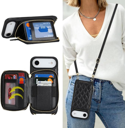 Crossbody Wallet Case for iPhone Air, PU Leather Zipper Handbag Purse Flip Cover, Kickstand Folio Case with Card Slots Holder Wrist Strap Lanyard 5G 6.5 Inch-Black