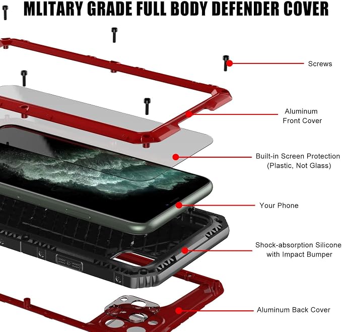 Mitywah Waterproof Case for iPhone 11 Pro Max, Heavy Duty Military Grade Shockproof Cover Built-in Screen Protection, Rugged Thick Full Body Protect Metal Case for iPhone 11 Pro Max, Red