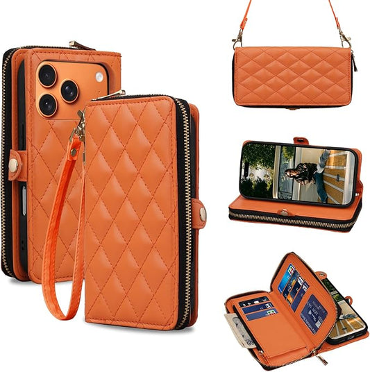 Rssviss Crossbody Case for iPhone 17 Pro Case Wallet, RFID Blocking Leather with Card Holder Kickstand, Handbag Zipper Flip Cover with Wrist Strap for iPhone 17 Pro Men Women 6.3", Orange
