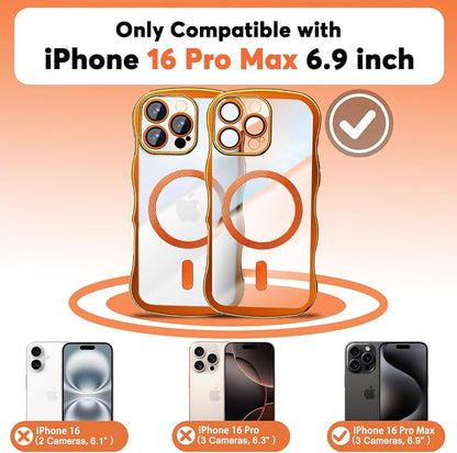 Misscase Designed for iPhone 16 Pro Max Case 6.9",with Privacy Screen Protector*1,Cute Wave Frame Case with Camera Lens Protector,Compatible with MagSafe Plating Bling for Women Orange